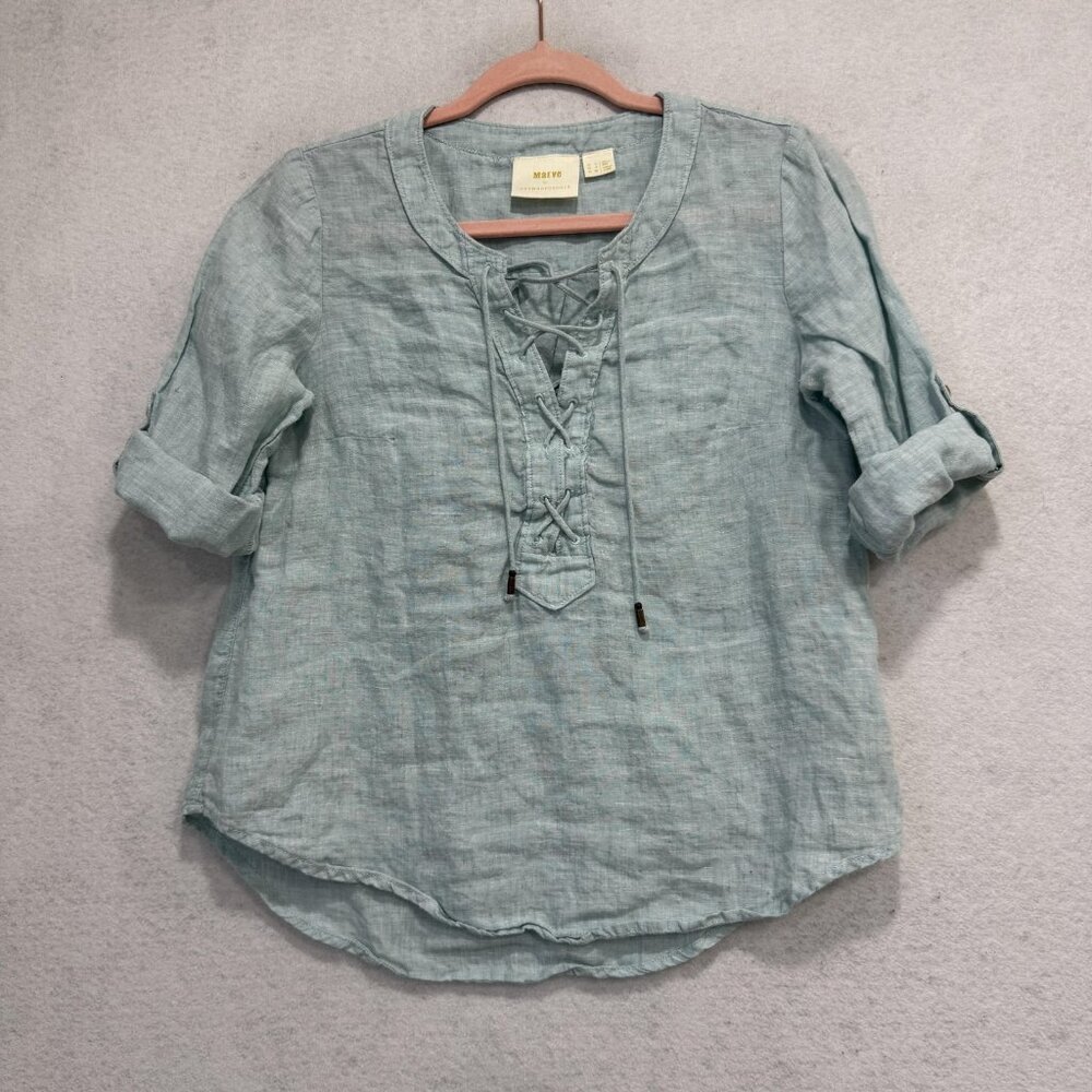 Maeve By Anthropologie Blouse Womens 0 Blue Linen Lace Up Tunic Top Boho Casual